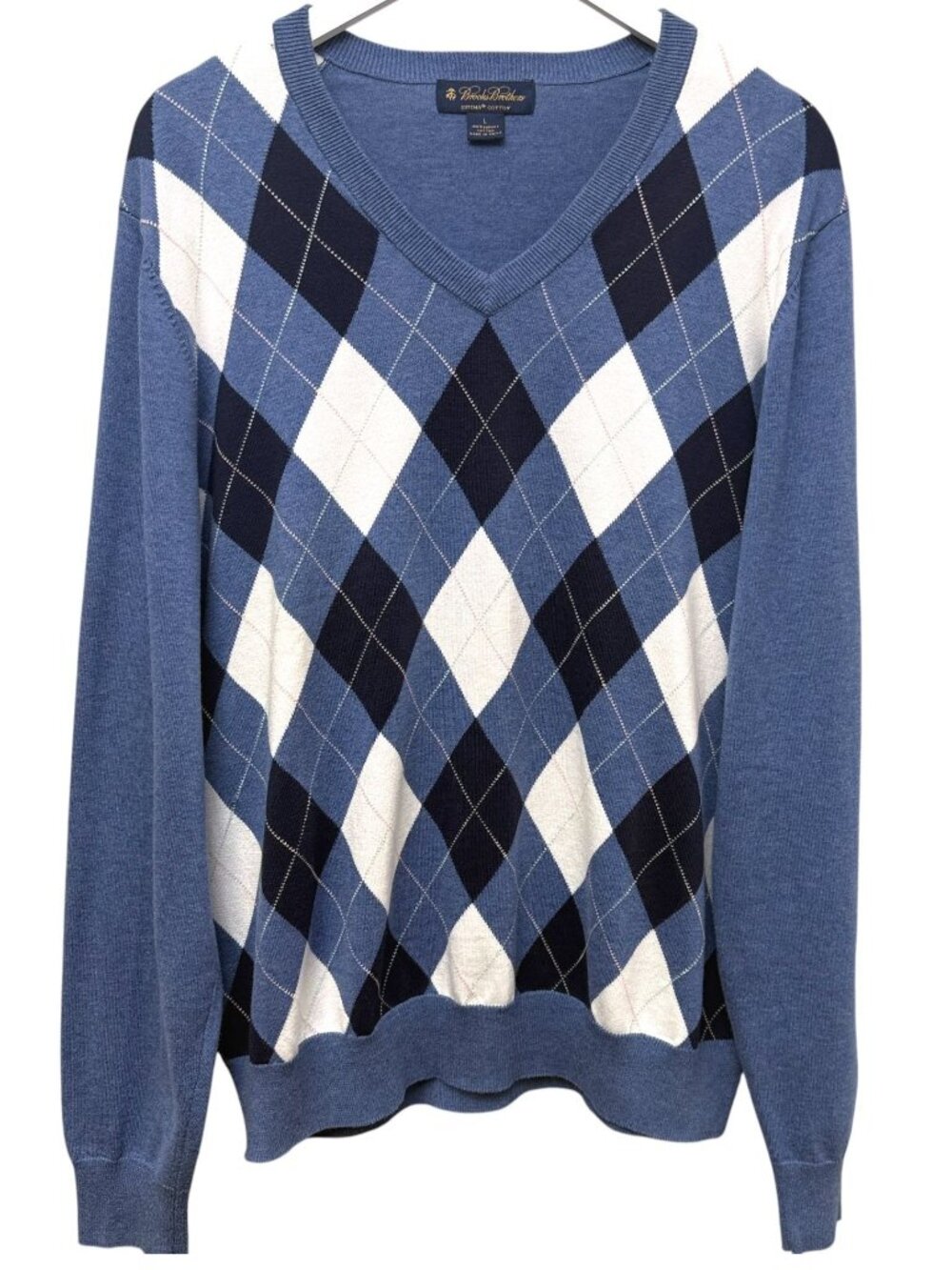 Brooks Brothers Argyle V-Neck Sweater Mens Large Supima Cotton Blue Preppy Pullo